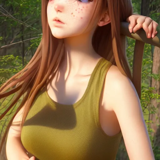 Image similar to Render of a very beautiful 3d anime girl, long hair, hazel eyes, cute freckles, full round face, short smile, cute sundress, golden hour, forest setting, medium shot, mid-shot, highly detailed, trending on Artstation, Unreal Engine 4k