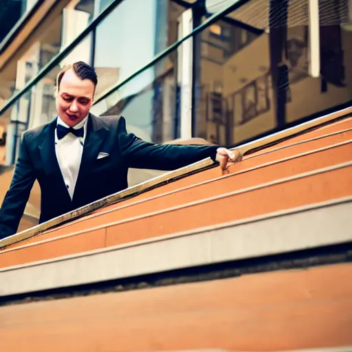 Prompt: man in a suit falling down stairs with a tray of drinks