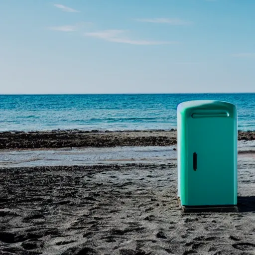 Prompt: blue refrigerator on beach with green sand