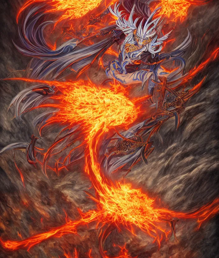 Image similar to demon lord rimuru tempest casts a fireball, 1 9 2 0's colored pencil, highly detailed, highly accurate, deep aesthetic, 8 k, highly ornate intricate details, cinematic lighting, rich colors, beautiful scenic view, ray tracing, hyperrealistic, photorealistic, cinematic landscape, trending on artstation, concept art,