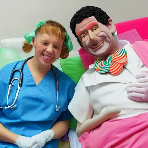 Image similar to photo of a happy patient and doctor or nurse in a hospital room made out of soft candy, candy hospital equipment, candy hospital room, candy treatments, oompa loompa virus, willy wonka pandemic