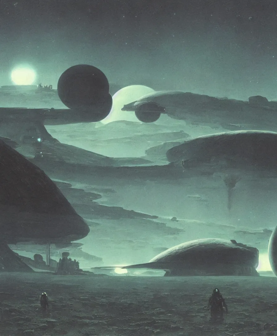 Image similar to A giant starship hovering over a lifeless dark planet surface surrounded by dust clouds. Troops on the surface are watching the spectacle. Detailed matte painting by Michael Whelan, Bruce Pennington, Karel Thole, David Schleinkofer and Vincent di Fate using subdued blue and green color tones.