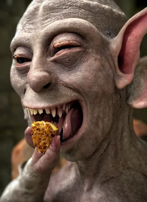 Image similar to closeup profile face portrait of a medieval goblin eating cakes in the cloisters, depth of field, zeiss lens, detailed, symmetrical, centered, fashion photoshoot, by annie leibovitz and steve mccurry, david lazar, jimmy nelsson, breathtaking, 8 k resolution, extremely detailed, beautiful, establishing shot, artistic, hyperrealistic, beautiful face, octane render