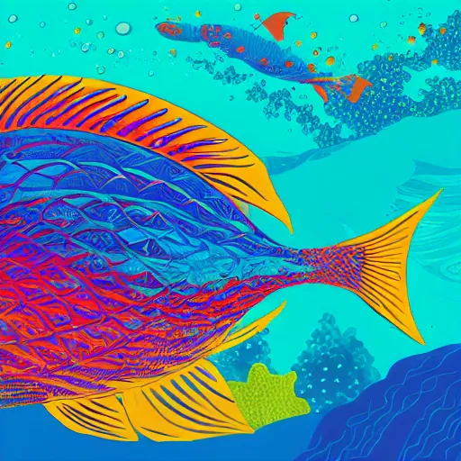 Image similar to one stylized fish with saturated colors in the ocean viewed in profile, seaweed, background with complex patterns and desaturated colors, sparkles, artstation, intricate, realistic, highly detailed, digital painting, concept art, sharp focus, illustration by tom whalen and charles williams and kilian eng and james jean