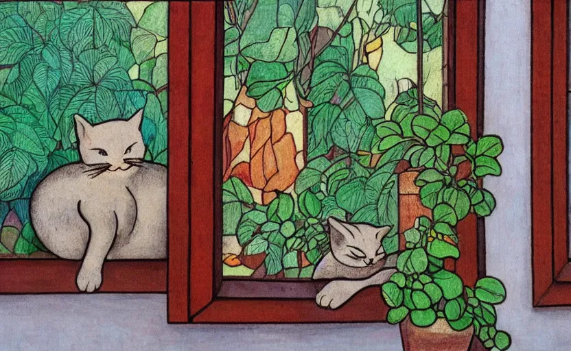 Prompt: sleeping cat on window, inside house in village, plants, divisionism and cloisonnism style