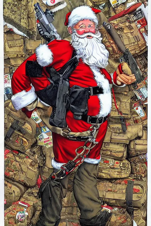 Prompt: concept of Santa Claus holding a M61 Vulcan and wearing an army harness vest full of pouches, by Geof Darrow and Simon Bisley, detailed, full body