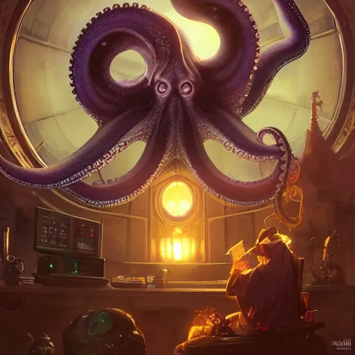 Image similar to a Nerdy Octopus, surrounded by Computers, D&D, fantasy, intricate, cinematic lighting, highly detailed, digital painting, artstation, concept art, smooth, sharp focus, illustration, art by Artgerm and Greg Rutkowski and Alphonse Mucha