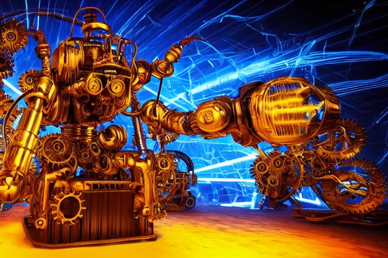 Prompt: portrait photo of a giant huge golden and blue metal steampunk robot, with gears and tubes, foam machine emitting extinguishing foam, eyes are glowing red lightbulbs, shiny crisp finish, 3 d render, 8 k, insaneley detailed, fluorescent colors, background is multicolored lasershow