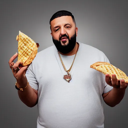 Image similar to studio portrait of DJ khaled holding a slice of pizza in his mouth holding ice cream