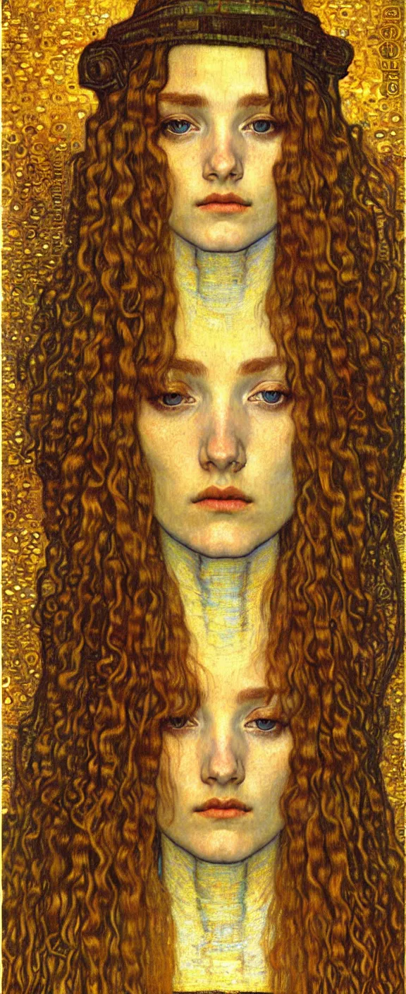 Image similar to detailed realistic beautiful young medieval queen face portrait by jean delville, gustav klimt and vincent van gogh, art nouveau, symbolist, visionary, gothic, pre - raphaelite, muted earthy colors, desaturated