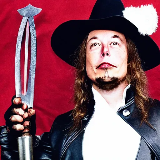 Prompt: photo of elon musk as a musketeer, he has a big black hat with a red feather, he is holding a shiny rapier sword and he is looking straight to the camera