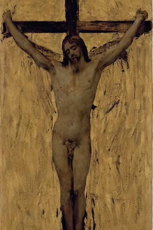 Image similar to christ crucified looking like a big mushroom painted in by cy twombly and andy warhol