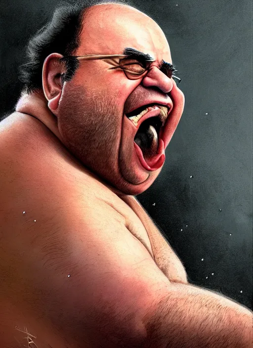 Prompt: Portrait of Fat Danny Devito with his belly sticking out as The Wolverine (2013), Hes screaming at the rain in the middle of the night road on his knees, He has Wolverine Claws, realistic, detailed, 4k by Greg Rutkowski Mark Arian trending on artstation