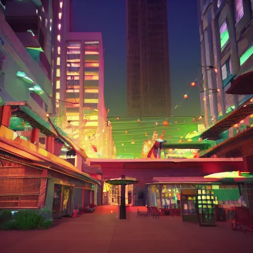 Prompt: Downtown Mexico, string lights, colorful lighting, night, unreal engine 5 tech demo, octane render, Frank Lloyd Wright ((Studio Ghibli))