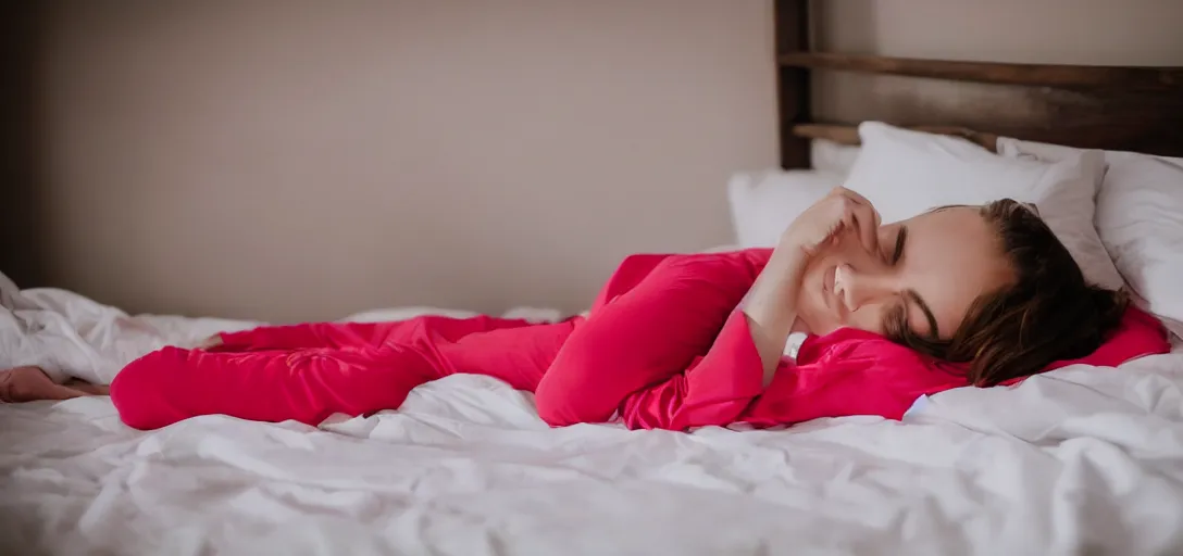 Prompt: A girl with pink sheets laying down in red pjs