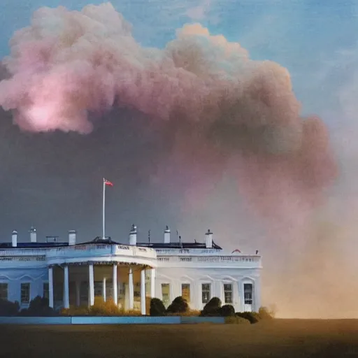 Prompt: politics, destroyed presidential white house, landscape, dystopian, war, real, bright blue smoke, red clouds, detailed, award winning, masterpiece