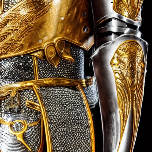 Image similar to fantasy art 4 k macro photo of rooster king in very detailed shiny plate armor engraved in gold ready for battle