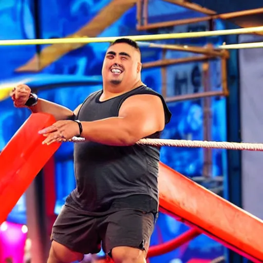 Image similar to Gabriel Iglesias competing on American Ninja Warrior, sports photography