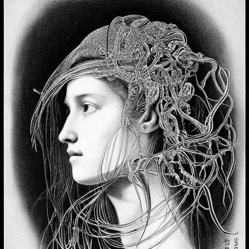 Image similar to bw linear pencil drawing woman portrait by ernst haeckel