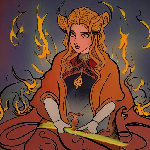 Image similar to art nouveau still of Princess Ursa performing a firebending healing session