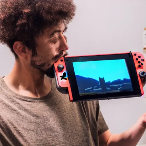 Prompt: man doing a soy face and pointing at a nintendo switch