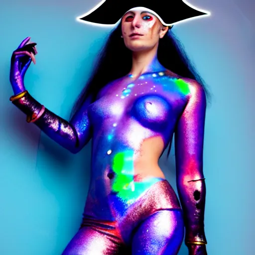 Image similar to a pirate, she is wearing iridescent bodypaint and futuristic space clothes
