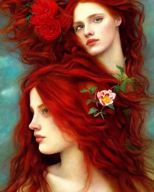 Image similar to a woman with long red hair and a flower in her hair, a photorealistic painting by Carla Wyzgala, pinterest, pre-raphaelitism, pre-raphaelite, enchanting, chiaroscuro