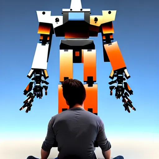 Image similar to a man sitting on a mecha’s shoulders, hyperrealistic, 3D