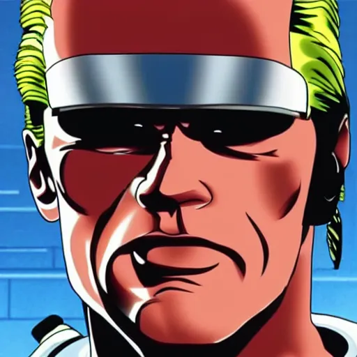Image similar to Arnold Schwarzenegger as the Terminator, Anime Adaptation of the Police Station Scene