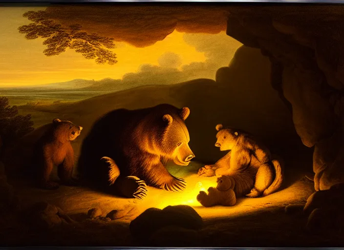 Prompt: Pieter Claesz's 'a bear and her cub sleeping in a dark cave, lit by campfire', night time, cross hatching, backlit, beautiful wooden frame, the colours of the sunset