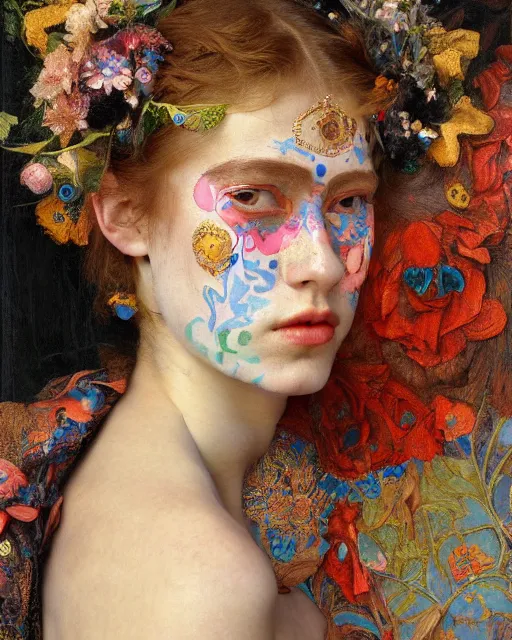 Prompt: a beautiful girl wearing colourful face paint surrounded by bright intricate patterns, by edgar maxence and caravaggio and michael whelan, intricate painting, hyper realistic, extremely detailed and beautiful aesthetic face, 8 k resolution