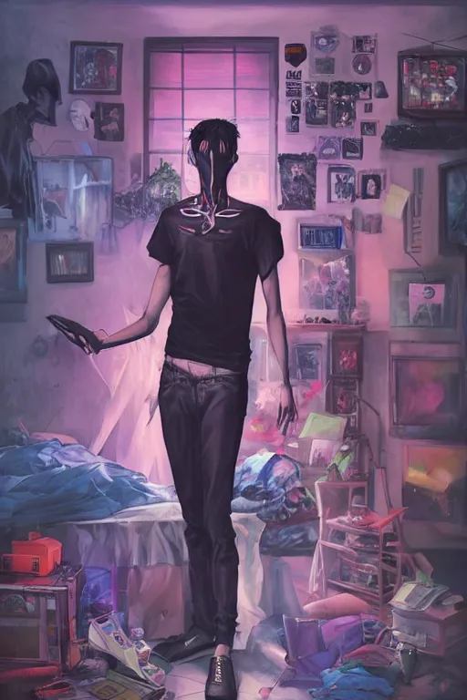 Prompt: a skinny goth guy standing in a cluttered 9 0 s bedroom, full body character concept art, vaporwave colors, digital painting, hd, ultra hd, detailed, award winning, small details, artgerm art, sabas apterus art,