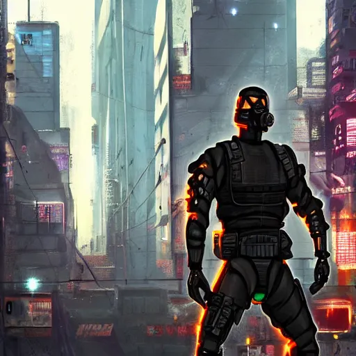 Prompt: Snake Eyes from G.I. Joe standing in a cyberpunk city, 4k, trending on artstation,