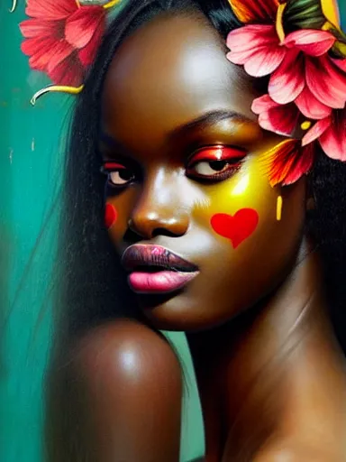 Image similar to portrait of duckie thot with a floral background : : painted by artgerm, karol bak, artur bordalo, sandra chevrier : : portrait, character, illustration, hyperrealism, photorealism,