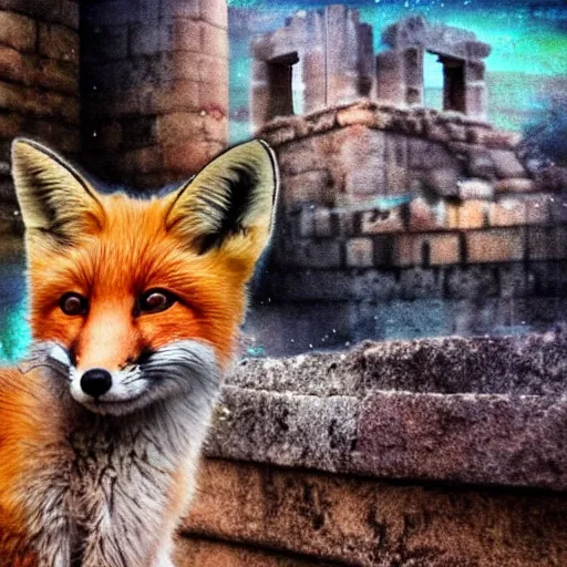 Prompt: A beautiful small fox in the huge ruins of the second temple in Jerusalem Dreamy sky -- The third temple hovers quietly in the sky above -- Very colorful painting 8k trending on art station -- Intricate details, very realistic, cinematic lighting, volumetric lighting, photographic -- blur bokeh defocus dof sky. --w 1024 —h 512 - n 9 - s 150 - c 15