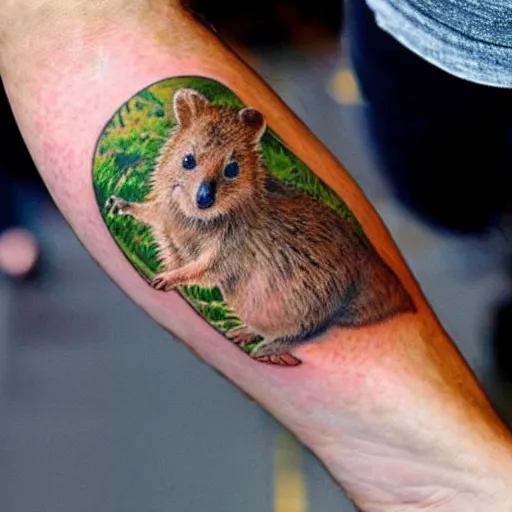 Image similar to a realistic tattoo of a quokka riding a bicycle