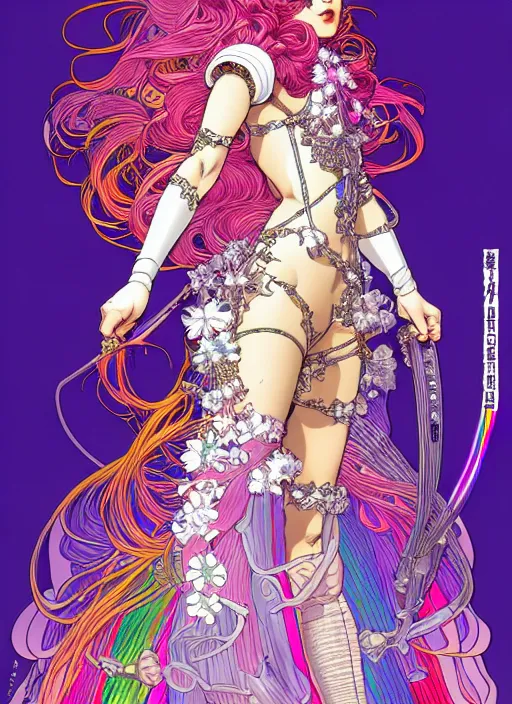 Image similar to highly detailed terada katsuya artgerm artstation rainbow reflection minaba hideo manga poster of princess mechine, long hair, armor, dress, laces, ruffles, 8 k, fluorescent, maximalist, jump comics, tomer hanuka, alphonse mucha