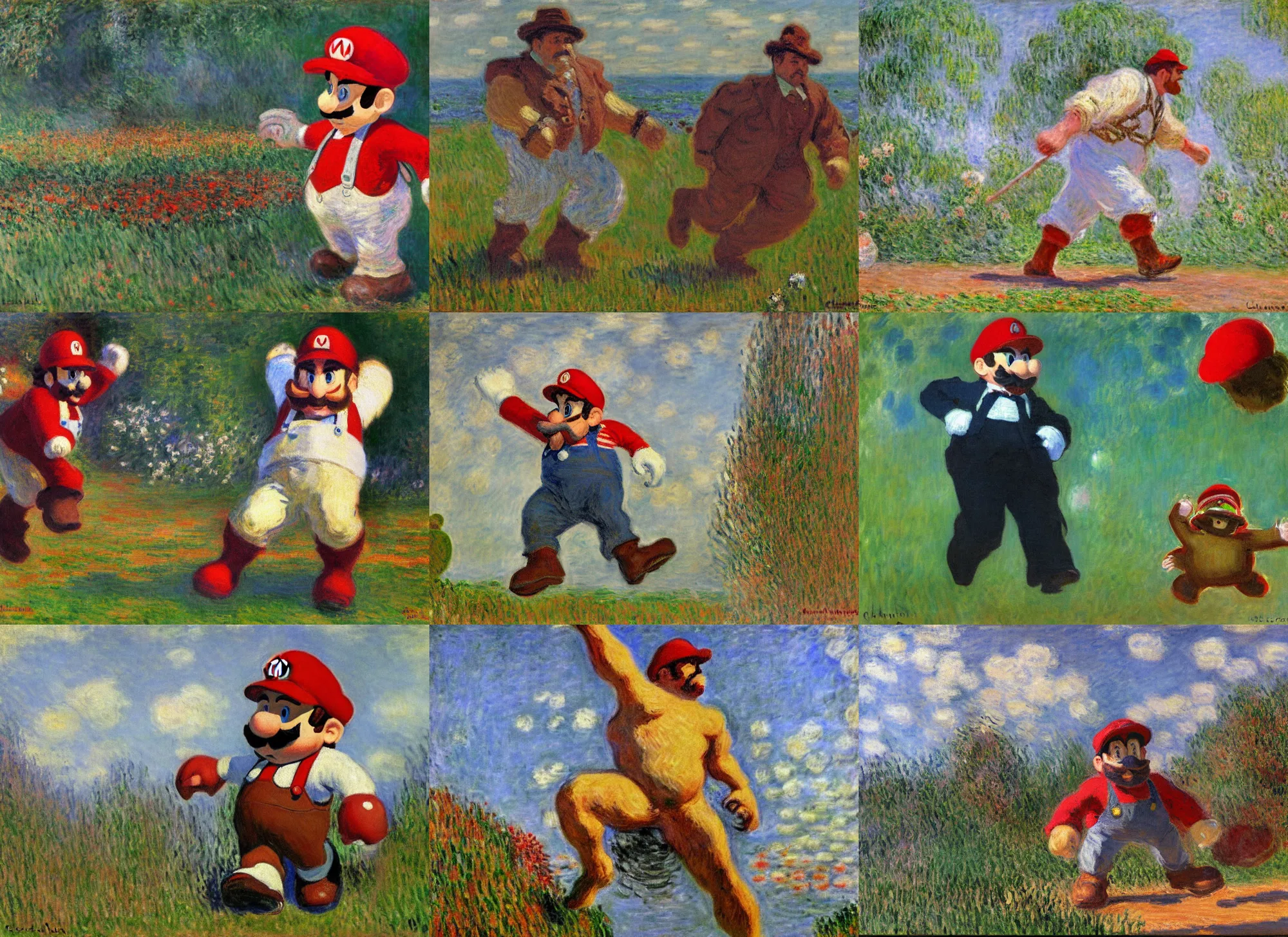 Prompt: claude monet painting of mario stomping a goomba