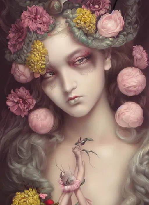 Image similar to pop surrealism, lowbrow art, realistic seductive cute woman painting, long hair, japanese shibari with flowers, hyper realism, muted colours, rococo, natalie shau, loreta lux, tom bagshaw, mark ryden, trevor brown style,