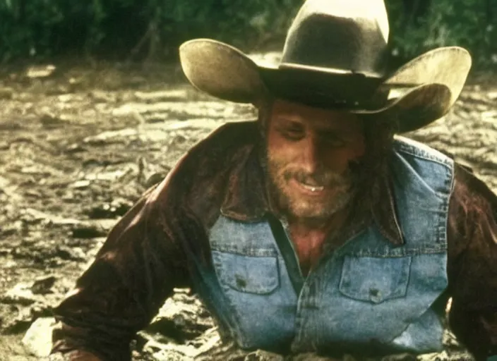 Image similar to a cowboy wearing a disguise while he sinks into a tar pit wide shot, from the hit 9 0 s tv show