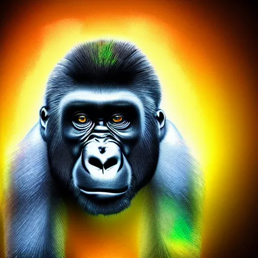 Prompt: a gorilla with iridescent translucent hair, floating, head looking up, digital art, ethereal, iridescent background