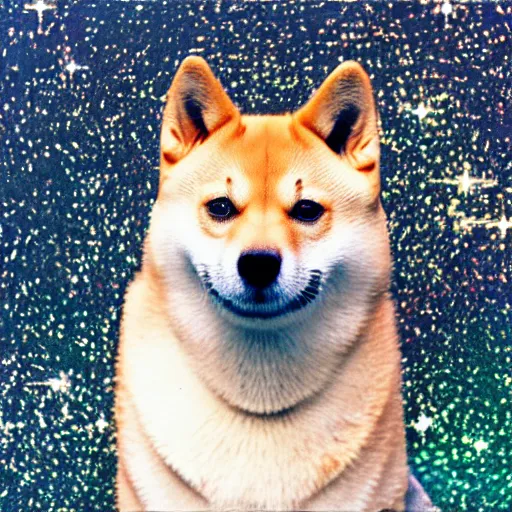 Image similar to a shibe made out of glitter and stardust, ultra detailed, cinestill 8 0 0