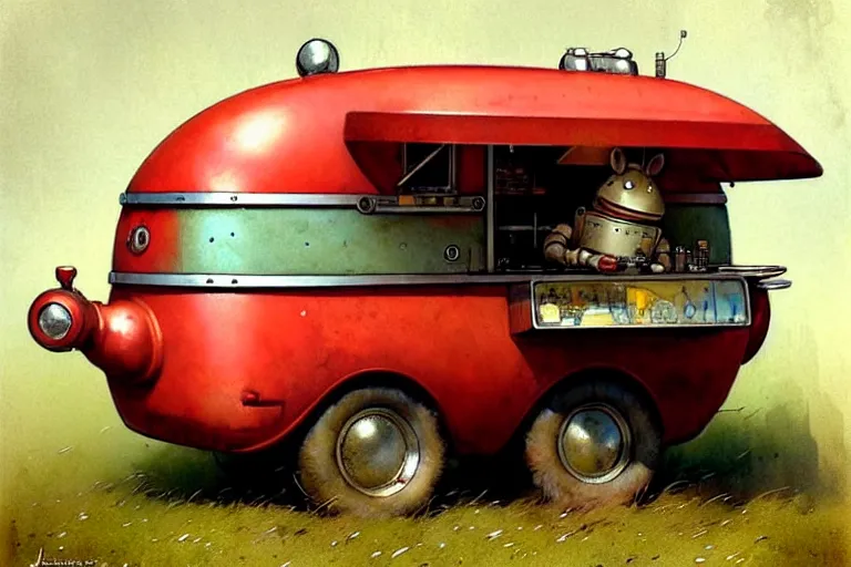 Prompt: adventurer ( ( ( ( ( 1 9 5 0 s retro future robot android mouse wagon food truck robot. muted colors. ) ) ) ) ) by jean baptiste monge!!!!!!!!!!!!!!!!!!!!!!!!! chrome red