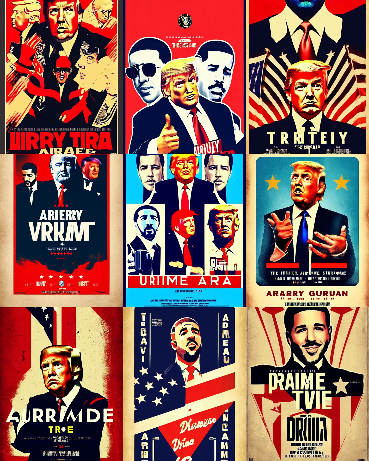 Prompt: ' vintage movie poster, aubrey graham drake plays united states president donald trump, action thriller, minimal, vibrant, fanart, trending on artstation'