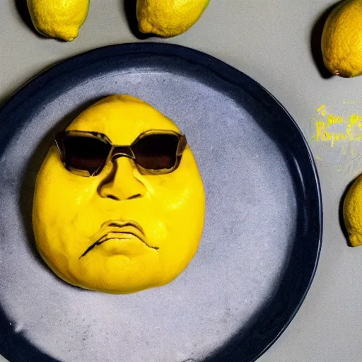 Prompt: a lemon sculpted in the shape of Dwayne Johnson's head