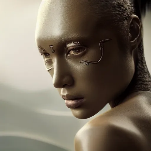 Image similar to portrait of a stunningly beautiful sleek alien tribal female, depth of field, zeiss lens, detailed, symmetrical, centered, fashionc photoshoot, by Annie Leibovitz and Steve McCurry, David Lazar, Jimmy Nelsson, Breathtaking, 8k resolution, extremely detailed, beautiful, establishing shot, artistic, hyperrealistic, beautiful face, octane render