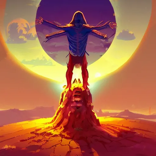 Image similar to Jesus Christ as skeleton inside an epicenter of a thermonuclear blast standing on the Earth sphere with radioactive rays to the sides, Video game icon design , 2d game fanart behance hd by Jesper Ejsing, by RHADS, Makoto Shinkai and Lois van baarle, ilya kuvshinov, rossdraws global illumination