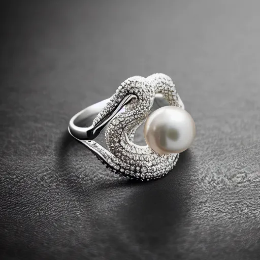 Image similar to hd photo of a diamond futuristic ring with tentacles and pearls by cartier, denoise, deblur