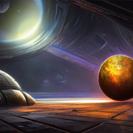 Prompt: a futurstic dyson sphere in dark space. dark color, ultra wide angle, panoramic, fish eye, colorfull painting, centered, front, horizon, outline, detailed, art by stephan martiniere, 4 k resolution