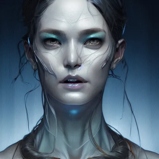 Image similar to an comic book style portrait painting of a ghost, tall, silver skin, illustration, cinematic lighting, 8 k, d & d, frostbite 3 engine, cryengine, dof, artstation, intricate, digital art, crepuscular ray, art by tsuyoshi nagano, greg rutkowski, artgerm, alphonse mucha